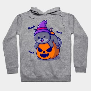 Cute Witch Cat Hug Pumpkin Halloween Cartoon Hoodie